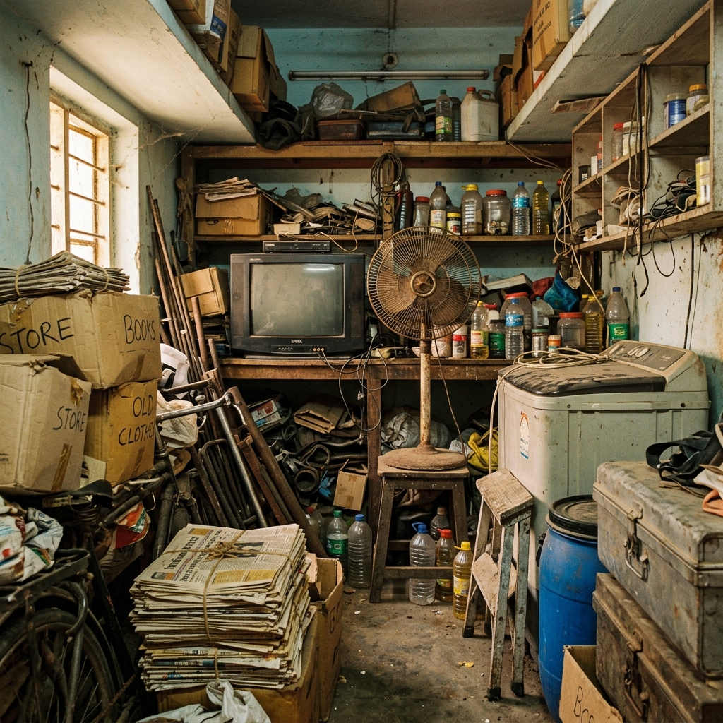 Cluttered room with old newspapers and scrap